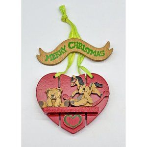 1989 Kurt Adler Wooden Heart 3-D Bears/Rocking Horse Merry Christmas Ornament